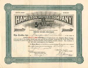 Hamilton Motors Co. - 1920 dated Truck and Car Manufacturer Stock Certificate